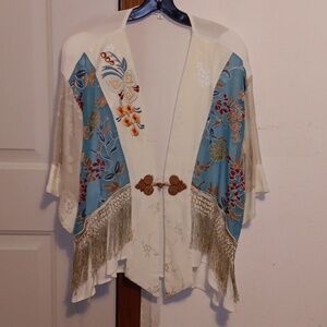Embroidered Fringe Kimono Jacket - Cream and Teal